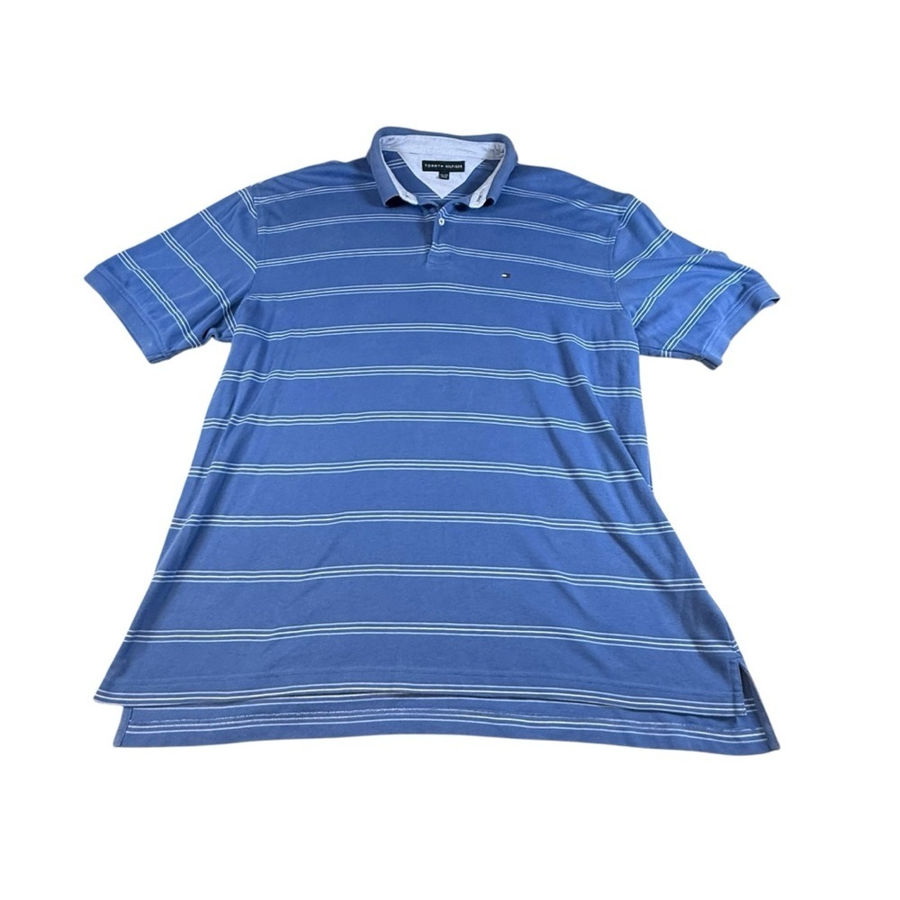 Tommy Hilfiger Polo Shirt Mens XXL Blue/White Striped Short Sleeve